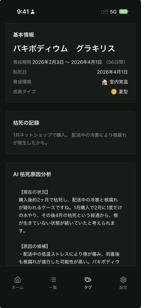 BotaCodex のメモリアル画面。枯死した株の基本情報、枯死の記録、AI 枯死原因分析が表示されている