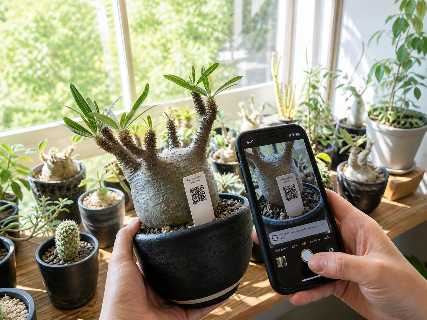 塊根植物のコレクションが並ぶ中、Pachypodium gracilius の鉢に貼られた QR タグを iPhone でスキャンしている様子