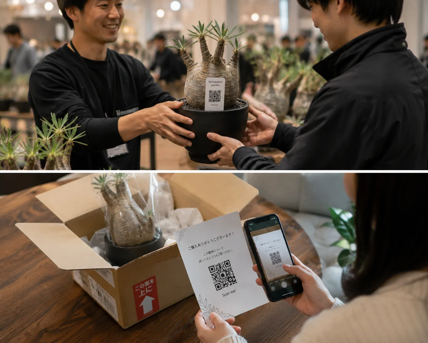 即売会で株を手渡す様子と、通販で届いた株のQRを読み取る様子